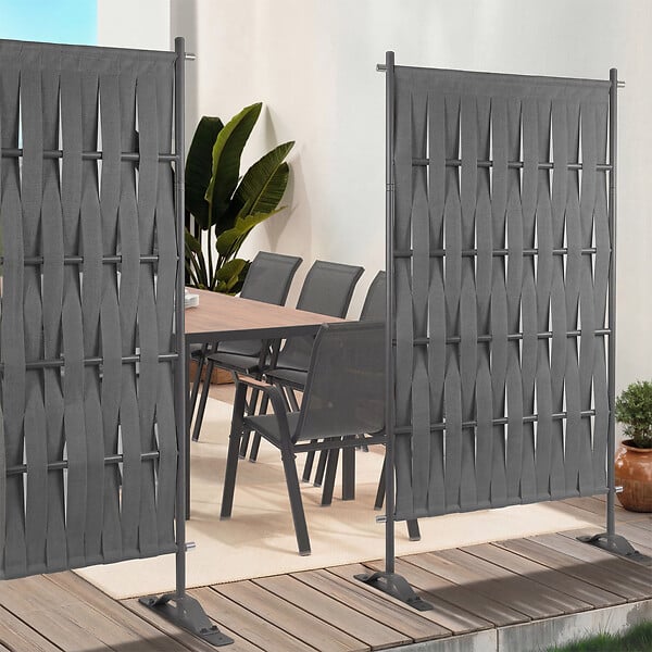 ID MARKET - Paravent extérieur claustra décoratif 80 x 150 cm sangles et métal gris anthracite - large