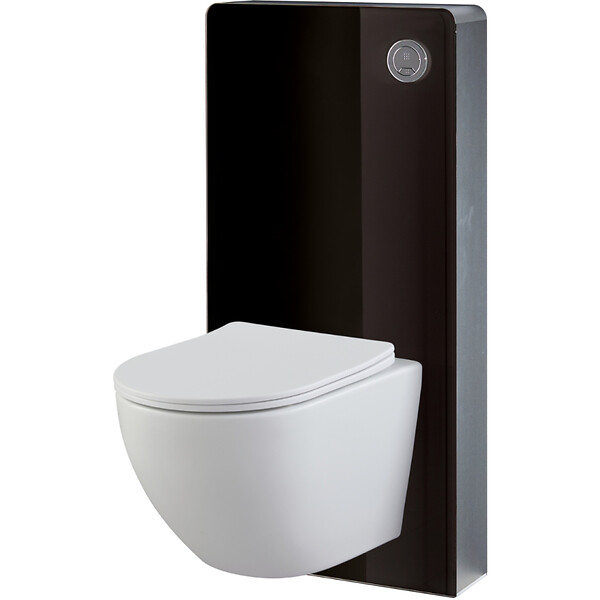 GODART - Pack WC suspendu gain de place bâti mural verre noir + cuvette sans bride vortex Turbi - large