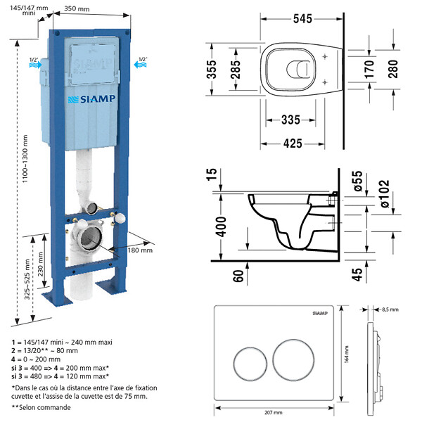 DURAVIT - Pack WC suspendu D-code avec abattant + bati support + Plaque de commande chromée - large