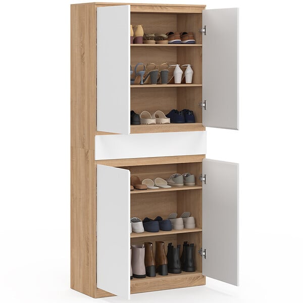 ID MARKET - Armoire à chaussures 24 paires TOMI 4 portes 1 tiroir façon hêtre et blanc - large