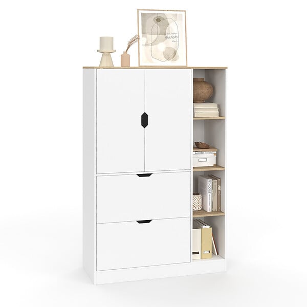 ID MARKET - Meuble de rangement L. 80 cm NOUK pour bureau, chambre, entrée avec 3 portes et 2 tiroirs blanc et bois - large