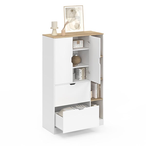ID MARKET - Meuble de rangement L. 80 cm NOUK pour bureau, chambre, entrée avec 3 portes et 2 tiroirs blanc et bois - large