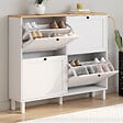 ID MARKET - Meuble à chaussures 20 paires ACHILLE 4 portes blanc et plateau bois - vignette
