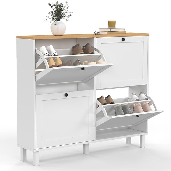 ID MARKET - Meuble à chaussures 20 paires ACHILLE 4 portes blanc et plateau bois - large