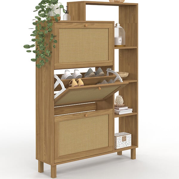 ID MARKET - Meuble à chaussures 18 paires HANAE 3 portes effet naturel cannage avec étagère - large