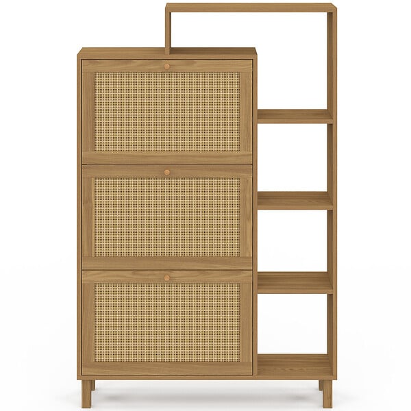 ID MARKET - Meuble à chaussures 18 paires HANAE 3 portes effet naturel cannage avec étagère - large