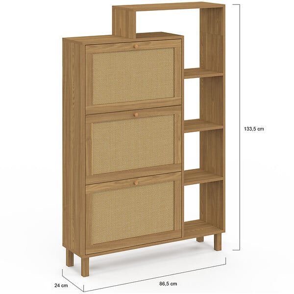 ID MARKET - Meuble à chaussures 18 paires HANAE 3 portes effet naturel cannage avec étagère - large