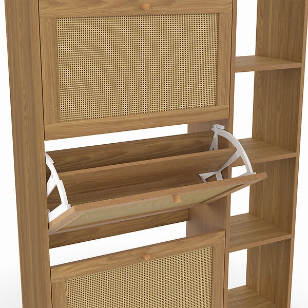 ID MARKET - Meuble à chaussures 18 paires HANAE 3 portes effet naturel cannage avec étagère - large