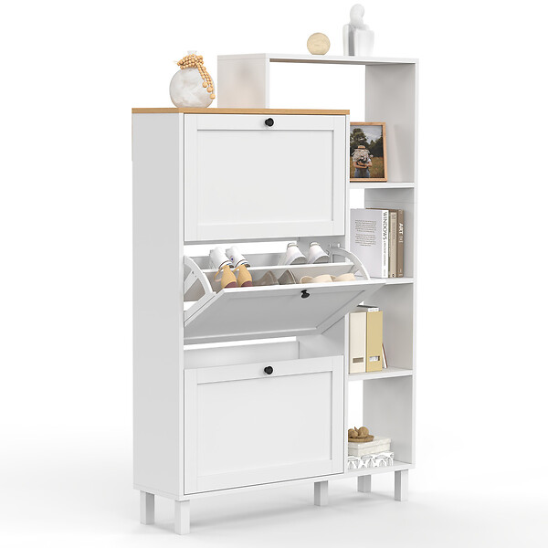 ID MARKET - Meuble à chaussures 18 paires ACHILLE 3 portes blanc et plateau bois avec étagère - large