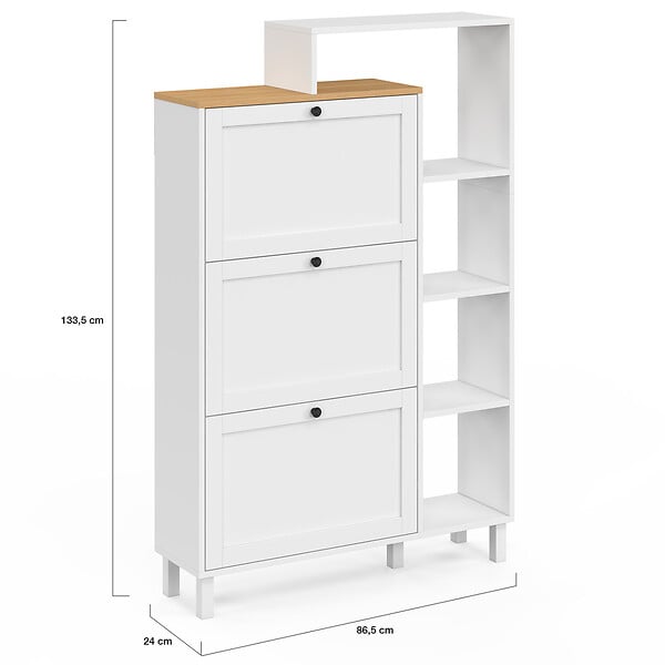 ID MARKET - Meuble à chaussures 18 paires ACHILLE 3 portes blanc et plateau bois avec étagère - large