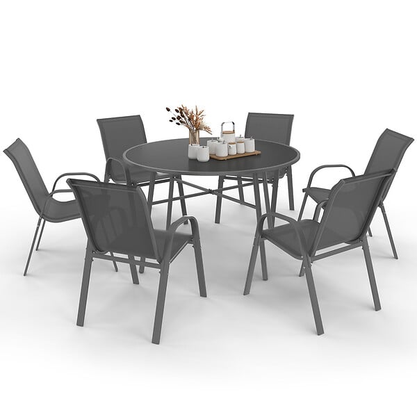 ID MARKET - Salon de jardin MADRID table ronde 120 CM et 6 chaises empilables gris anthracite - large