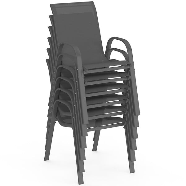 ID MARKET - Salon de jardin MADRID table ronde 120 CM et 6 chaises empilables gris anthracite - large