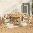 ID MARKET - Salon de jardin SOLAL table ronde 120 cm avec pied lattes en métal et 6 chaises de jardin avec lanières et coussins beiges - vignette