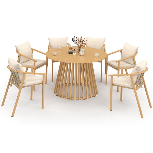 ID MARKET - Salon de jardin SOLAL table ronde 120 cm avec pied lattes en métal et 6 chaises de jardin avec lanières et coussins beiges - large