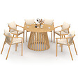 ID MARKET - Salon de jardin SOLAL table ronde 120 cm avec pied lattes en métal et 6 chaises de jardin avec lanières et coussins beiges - vignette