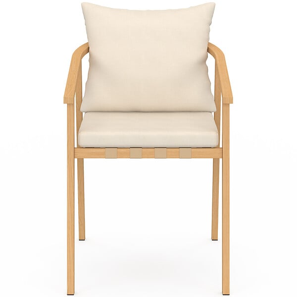 ID MARKET - Salon de jardin SOLAL table ronde 120 cm avec pied lattes en métal et 6 chaises de jardin avec lanières et coussins beiges - large