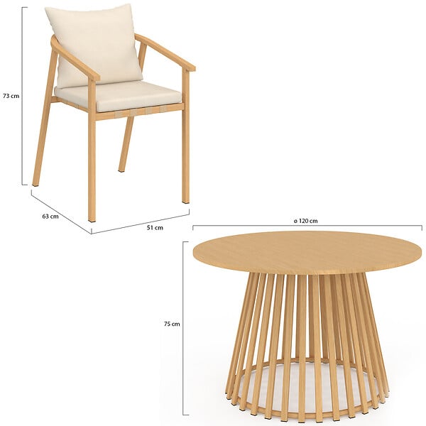 ID MARKET - Salon de jardin SOLAL table ronde 120 cm avec pied lattes en métal et 6 chaises de jardin avec lanières et coussins beiges - large