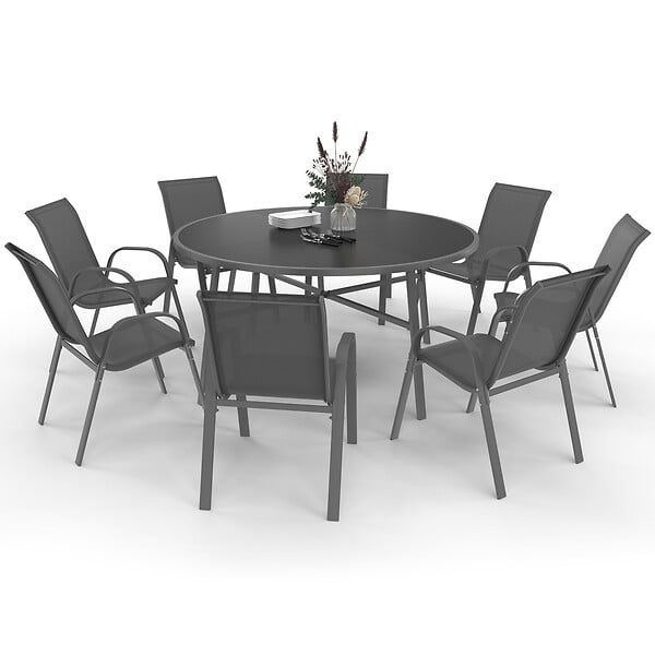 ID MARKET - Salon de jardin MADRID table ronde 150 CM et 8 chaises empilables gris anthracite - large