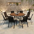 ID MARKET - Salon de jardin NOUMEA table ronde 150 cm plateau verre trempé effet bois et 8 chaises empilables noir et bois - vignette