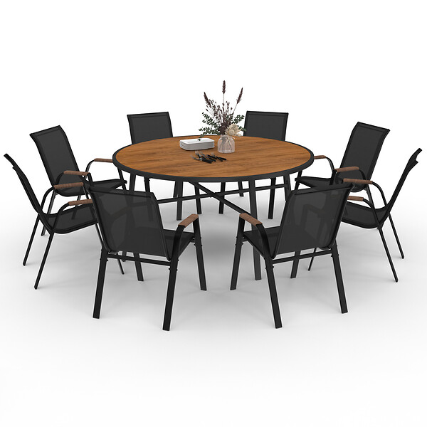 ID MARKET - Salon de jardin NOUMEA table ronde 150 cm plateau verre trempé effet bois et 8 chaises empilables noir et bois - large
