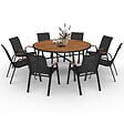 ID MARKET - Salon de jardin NOUMEA table ronde 150 cm plateau verre trempé effet bois et 8 chaises empilables noir et bois - vignette