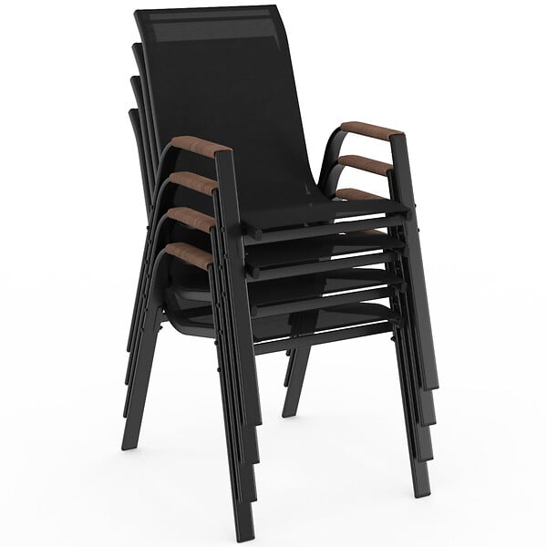 ID MARKET - Salon de jardin NOUMEA table ronde 150 cm plateau verre trempé effet bois et 8 chaises empilables noir et bois - large