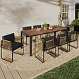 ID MARKET - Salon de jardin RIO table 190 CM et 8 chaises structure métal noir, cordage effet rotin clair et coussins noirs - vignette