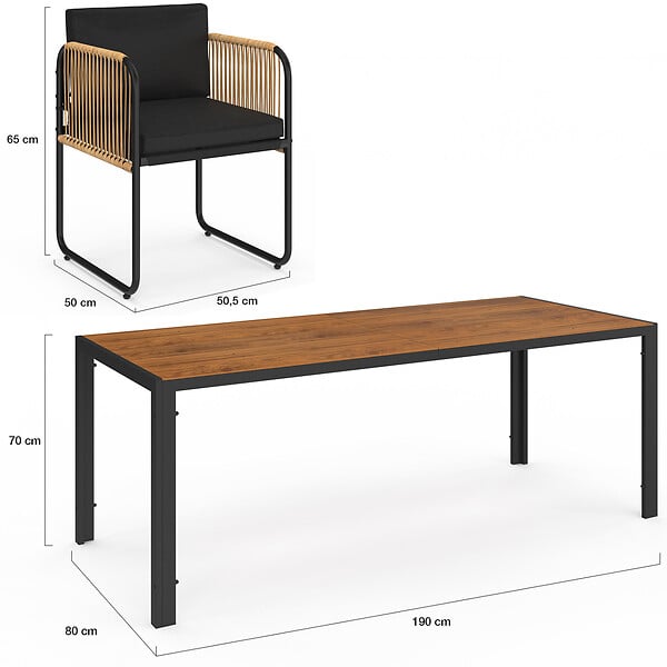 ID MARKET - Salon de jardin RIO table 190 CM et 8 chaises structure métal noir, cordage effet rotin clair et coussins noirs - large