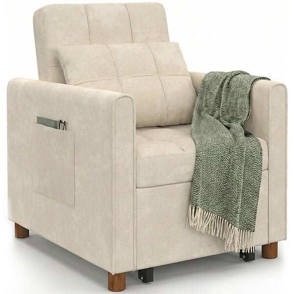 ID MARKET - Fauteuil convertible EMILE lit d'appoint 1 place 69 x 170 cm tissu chenille beige - large