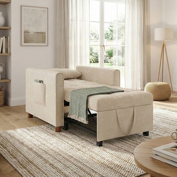 ID MARKET - Fauteuil convertible EMILE lit d'appoint 1 place 69 x 170 cm tissu chenille beige - large