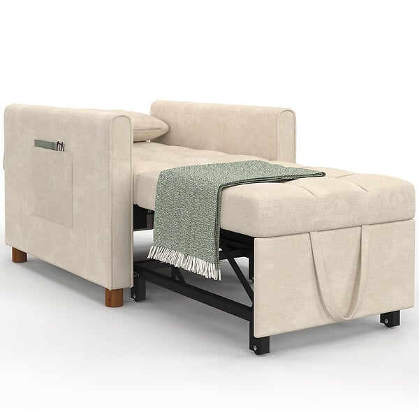 ID MARKET - Fauteuil convertible EMILE lit d'appoint 1 place 69 x 170 cm tissu chenille beige - large