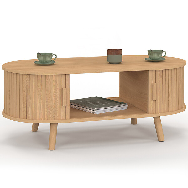 ID MARKET - Table basse ovale ROMIE 100 cm 2 portes coulissantes lattes tasseau bois coloris chêne - large