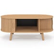 ID MARKET - Table basse ovale ROMIE 100 cm 2 portes coulissantes lattes tasseau bois coloris chêne - vignette