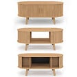 ID MARKET - Table basse ovale ROMIE 100 cm 2 portes coulissantes lattes tasseau bois coloris chêne - vignette