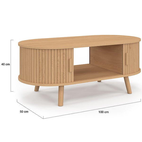 ID MARKET - Table basse ovale ROMIE 100 cm 2 portes coulissantes lattes tasseau bois coloris chêne - large