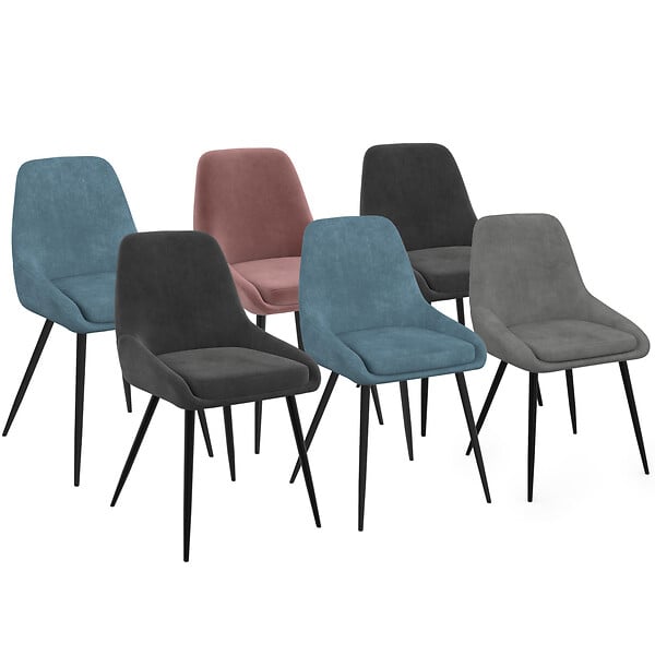 ID MARKET - Lot de 6 chaises THALYA en velours mix color pastel bleu x2, gris foncé x2, gris clair, rose avec accoudoirs - large
