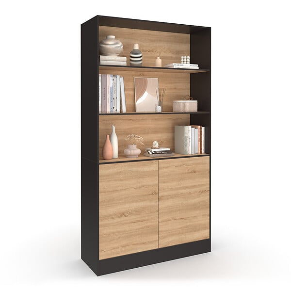 ID MARKET - Etagère bibliothèque CARLA 3 niveaux XXL 1 placard noir et effet bois 190 cm - large