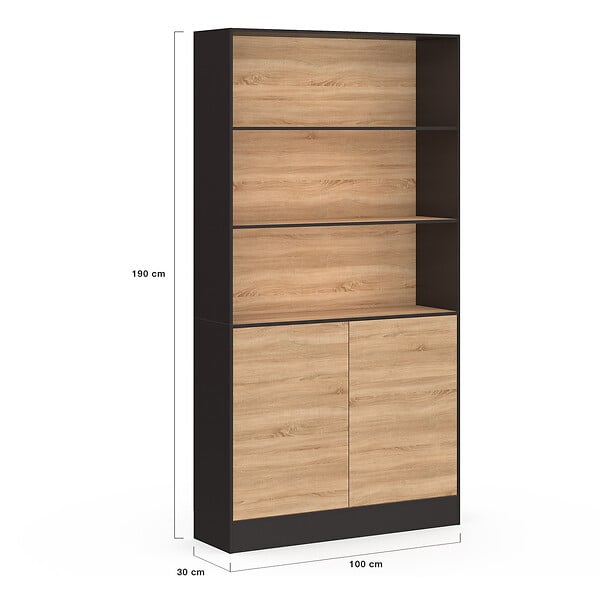 ID MARKET - Etagère bibliothèque CARLA 3 niveaux XXL 1 placard noir et effet bois 190 cm - large