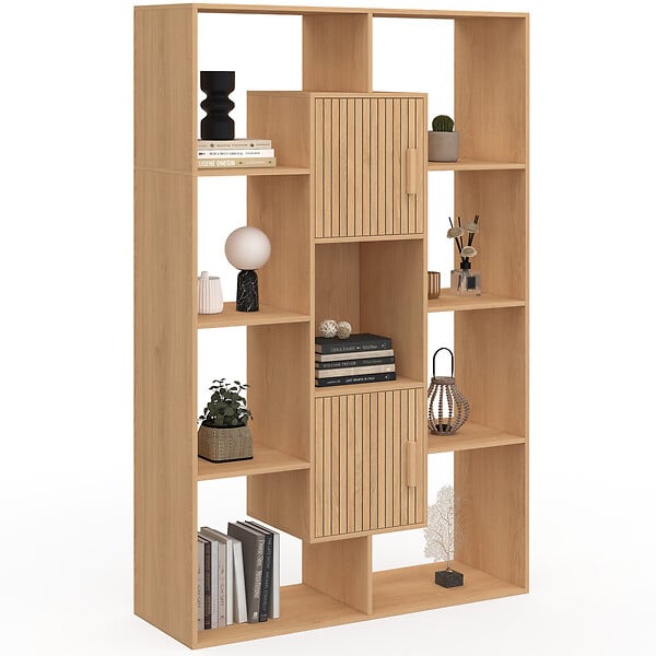 ID MARKET - Etagère bibliothèque COLETTE avec 11 compartiments et 2 cases JULIETTE effet lattes 143 cm - large