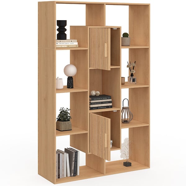ID MARKET - Etagère bibliothèque COLETTE avec 11 compartiments et 2 cases JULIETTE effet lattes 143 cm - large