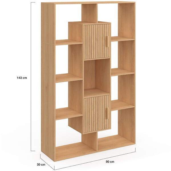 ID MARKET - Etagère bibliothèque COLETTE avec 11 compartiments et 2 cases JULIETTE effet lattes 143 cm - large