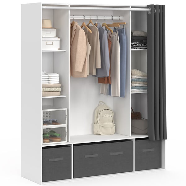ID MARKET - Dressing double penderie DIANE 140 x 45 x 167 cm blanc avec étagères + boites de rangement + rideau gris - large