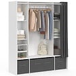 ID MARKET - Dressing double penderie DIANE 140 x 45 x 167 cm blanc avec étagères + boites de rangement + rideau gris - vignette