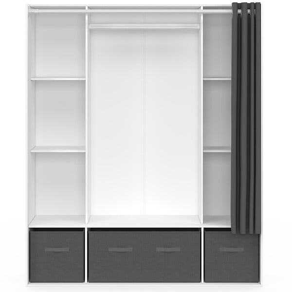 ID MARKET - Dressing double penderie DIANE 140 x 45 x 167 cm blanc avec étagères + boites de rangement + rideau gris - large