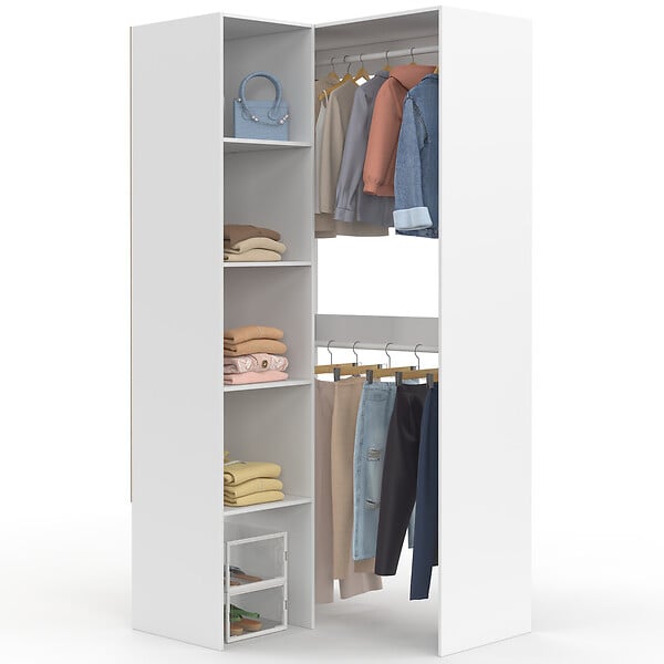 ID MARKET - Dressing d'angle modulable L. 90 / 127 cm MELMAN double penderie + étagères blanc - large