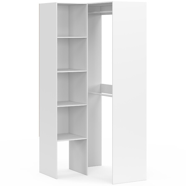 ID MARKET - Dressing d'angle modulable L. 90 / 127 cm MELMAN double penderie + étagères blanc - large