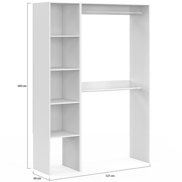 ID MARKET - Dressing d'angle modulable L. 90 / 127 cm MELMAN double penderie + étagères blanc - large