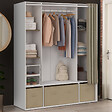 ID MARKET - Dressing double penderie DIANE 140 x 45 x 167 cm blanc avec étagères + boites de rangement + rideau taupe - vignette