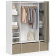 ID MARKET - Dressing double penderie DIANE 140 x 45 x 167 cm blanc avec étagères + boites de rangement + rideau taupe - vignette