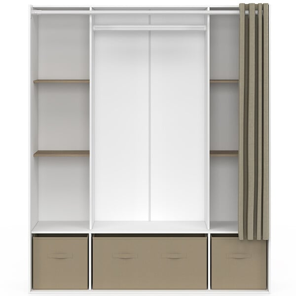 ID MARKET - Dressing double penderie DIANE 140 x 45 x 167 cm blanc avec étagères + boites de rangement + rideau taupe - large